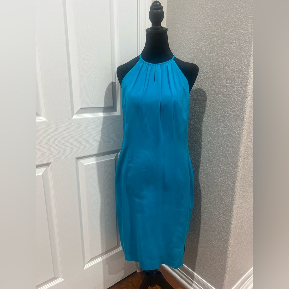Vibrant turquoise 100% silk sheath halter dress size 8